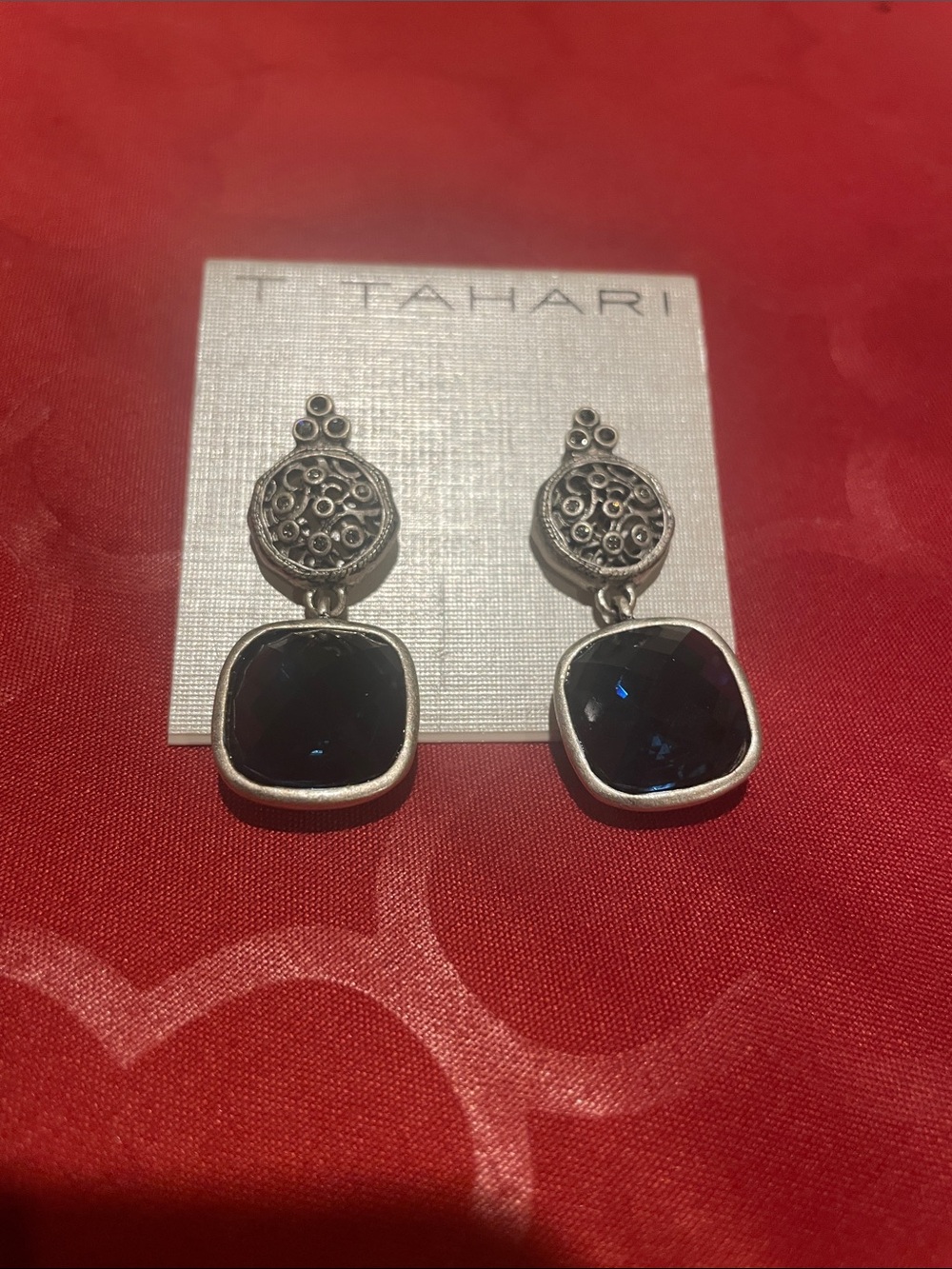 T Tahari Silver Drop Earrings with Deep Blue Stones